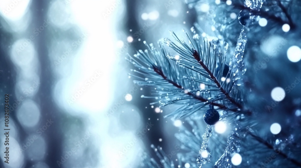 Poster close-up of a frosted pine branch with bokeh background.