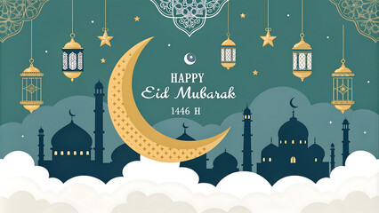 Elegant design for Happy Id Mubarak featuring Islamic lanterns, a crescent moon, The serene atmosphere reflects the spirit of celebration and peace during Eid al-Fitr, created with generative AI 