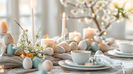 Elegant Easter table setting with decorative eggs, candles, and floral arrangements in soft colors
