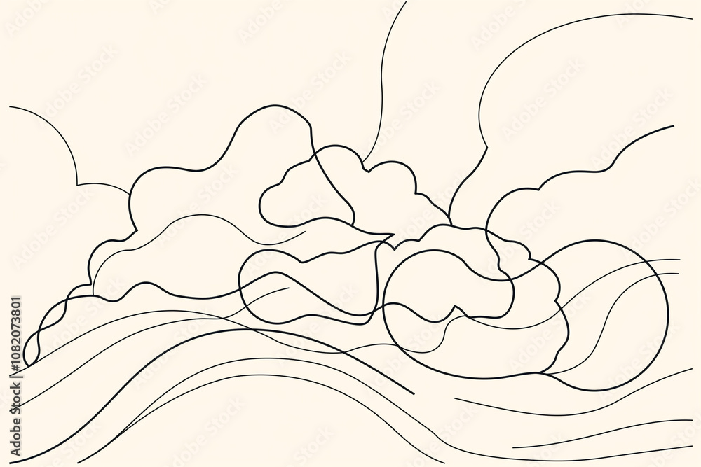 Poster minimalistic line art of a simple cloud, with smooth, flowing lines creating a soft, rounded shape.
