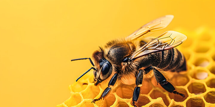 Macro Photography of Bee on Honeycomb