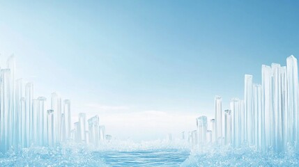 Fototapeta premium An icy landscape with tall, clear ice pillars against a blue sky with clouds.