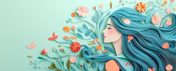 Obraz na płótnie Canvas 3D paper art of a beautiful woman with long hair and flowers, set against a mint green background with teal leaves and turquoise tones