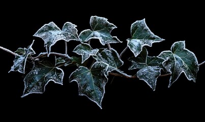 Obraz premium Frosted ivy leaves with intricate ice details, deep green and black background softly blurred, f1.4 --ar 5:3 --v 6.1 Job ID: 279fe3b7-68b3-4f7e-9490-1892d196d283