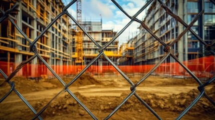 Grid metal fence in front of a construction site, showing safety and access control.