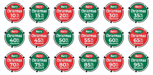 Christmas sale badges with percentage discount. Price tag holiday. Christmas red and green stickers
