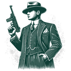 Vintage Gangster Vector Illustration Featuring a Man in Classic Pinstripe Suit with Hat and Tommy Gun in Retro Style
