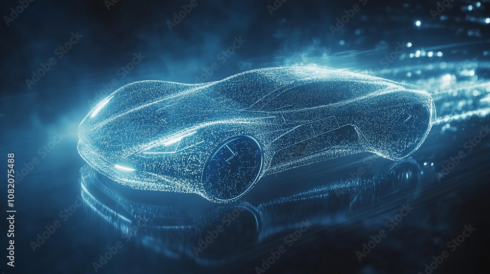 Poster a futuristic car made of glowing lines and points of light, speeding across a dark digital landscape