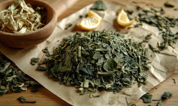 A bowl of green tea leaves and a bowl of lemon slices