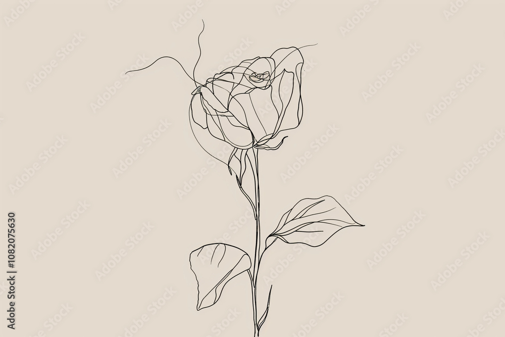 Poster minimalistic line art of a single, continuous line forming the shape of a delicate rose.