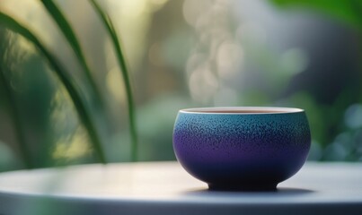 A blue and purple ceramic bowl with a white handle sits on a table