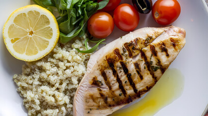 Grilled fish fillet served with quinoa, cherry tomatoes, fresh greens, and lemon slices, drizzled with olive oil, showcasing a healthy and vibrant meal option.