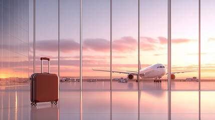 travel concept, suitcase in an airport, vibrant lighting, rolling luggage at the terminal plane station, vacation and transport concepts, airplane or plane at the background
