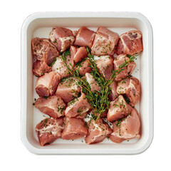 Top view raw chicken meat on white container box isolated on transparent background