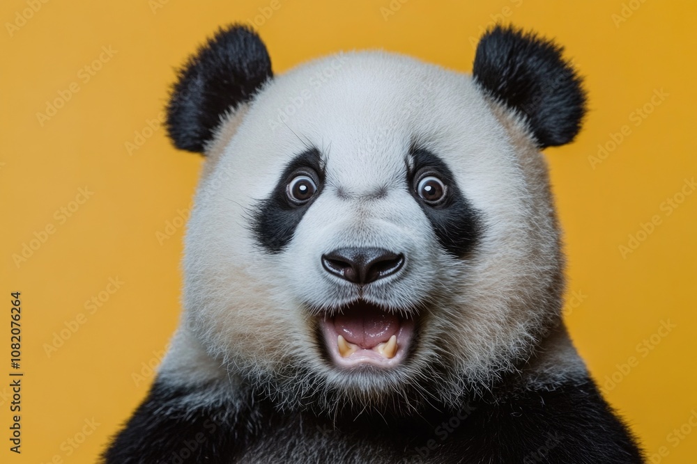 Poster a close-up view of a panda bear's face with its mouth open, ideal for use in wildlife or conservatio