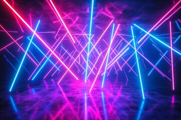 Vibrant 3D abstract neon light display featuring chaotic ultraviolet laser paths in colorful hues