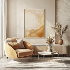 Frame blank and empty mockup, ISO A paper size. Living room wall poster mockup. Interior mockup with house background. Modern interior design. 3D render.