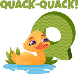 Playful Duck Illustration with the Quack Sound: A playful duck is shown with the word 