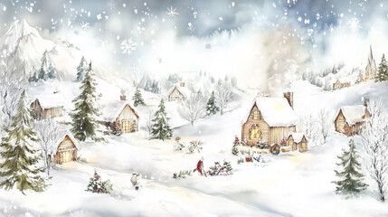 Winter village with cottages, snowy trees, and gentle snowfall evoking holiday warmth