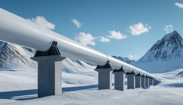 Majestic mountain range with an energy pipeline system blending seamlessly into the environment, portraying efficient energy transport solutions