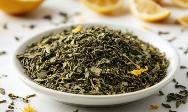 A white bowl with green tea leaves and a lemon slice