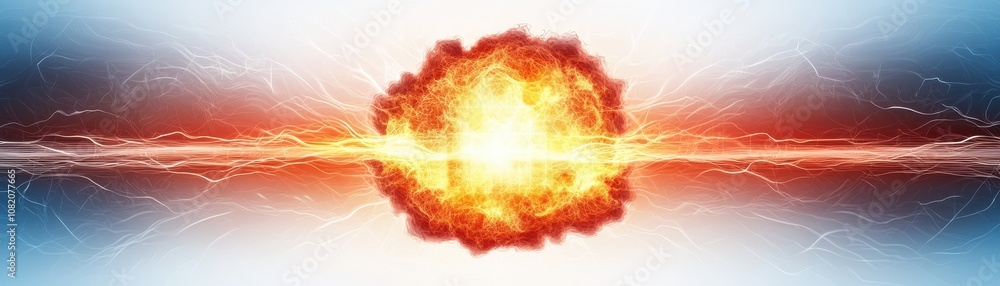 Poster quantum computing of cryptography concept. a bright, fiery explosion radiates energy and light, surr