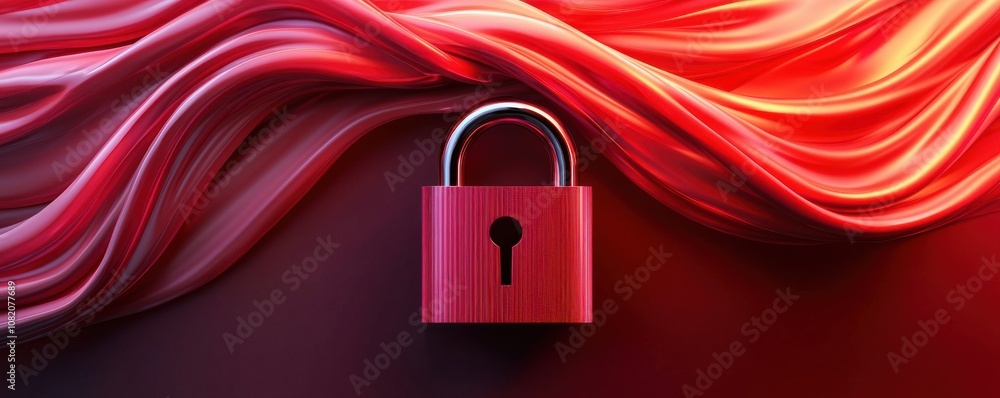 Poster quantum computing of cryptography concept. a vibrant red background contrasts with a metallic padloc