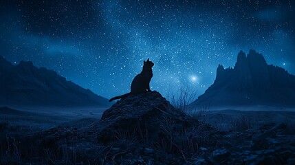 Majestic Silhouette of a Cat Against a Starry Night Sky with Glowing Mountains and Tranquil Landscape, Capturing the Beauty of Nature and Serenity