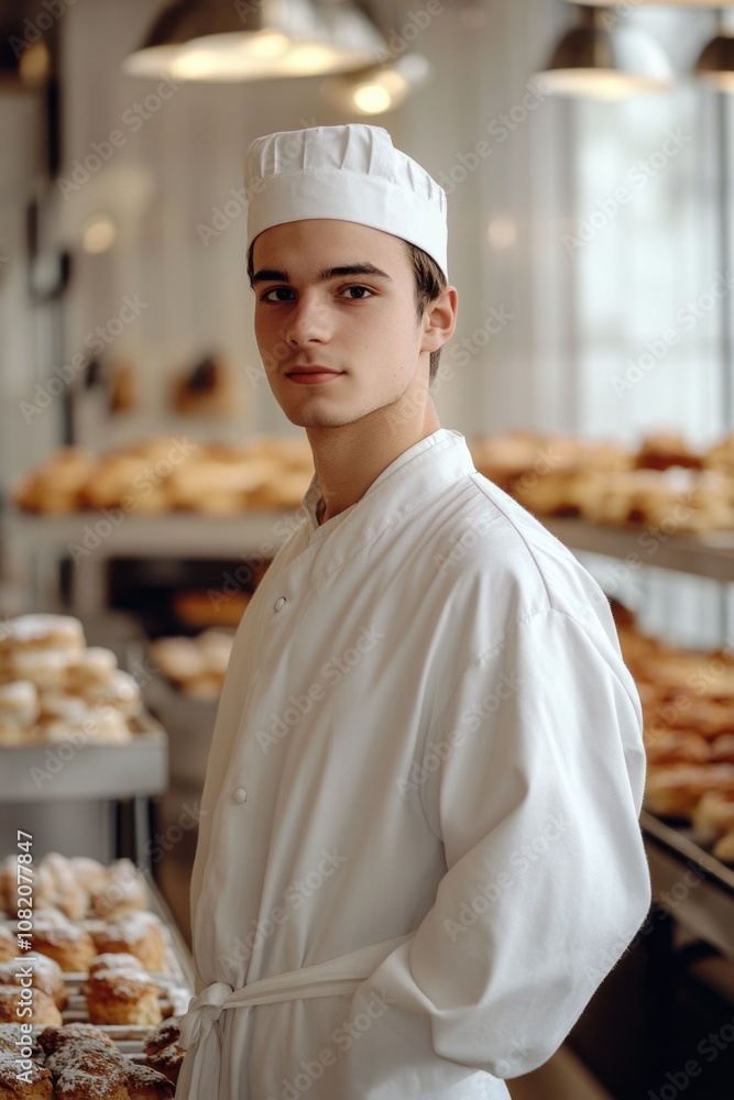 Poster a person stands in front of a display of donuts, ideal for food and bakery related projects