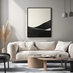 Frame blank and empty mockup, ISO A paper size. Living room wall poster mockup. Interior mockup with house background. Modern interior design. 3D render.