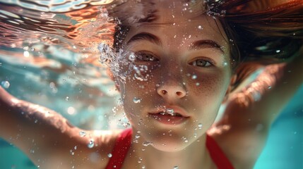 A woman wearing a red bikini swims underwater