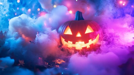 A glowing jack-o'-lantern with a carved face sits in a cloud of smoke with colorful lights.