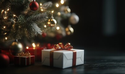 A white box with a red ribbon sits on a table next to a Christmas tree