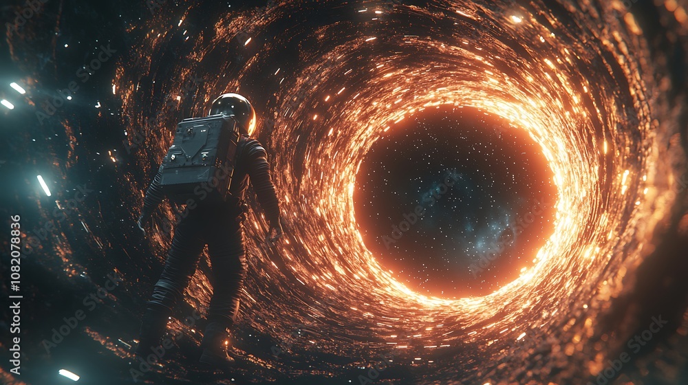 Poster astronaut stands at the edge of a glowing wormhole surrounded by stars and cosmic dust in a surreal 
