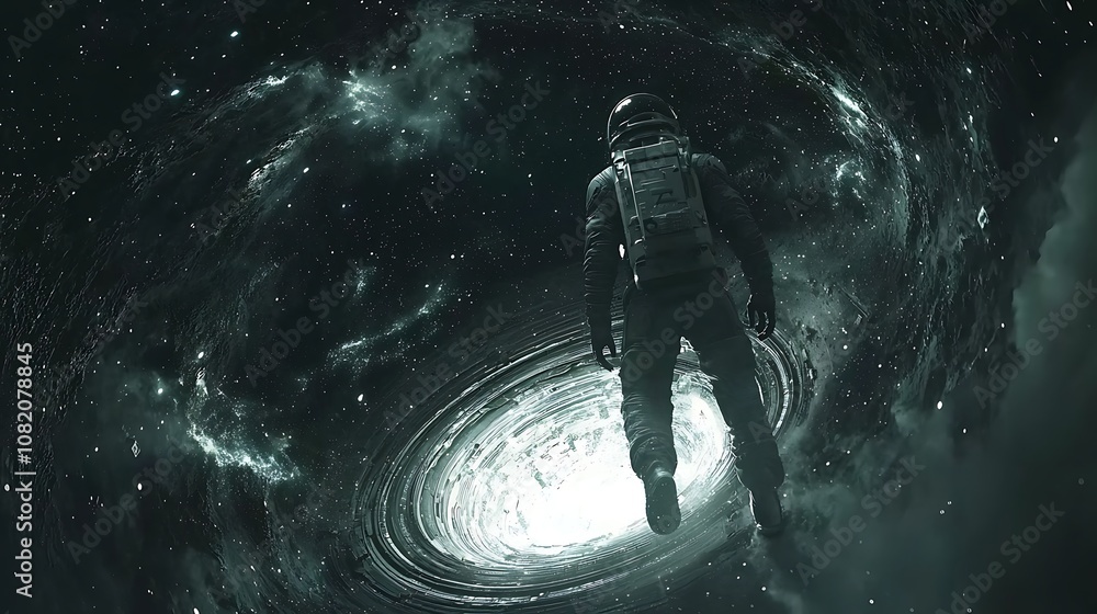 Poster astronaut exploring mystical black hole in space amidst starry universe and cosmic elements, represe