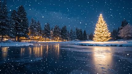 Fototapeta premium Frozen Lake with Christmas Tree and Starry Sky
