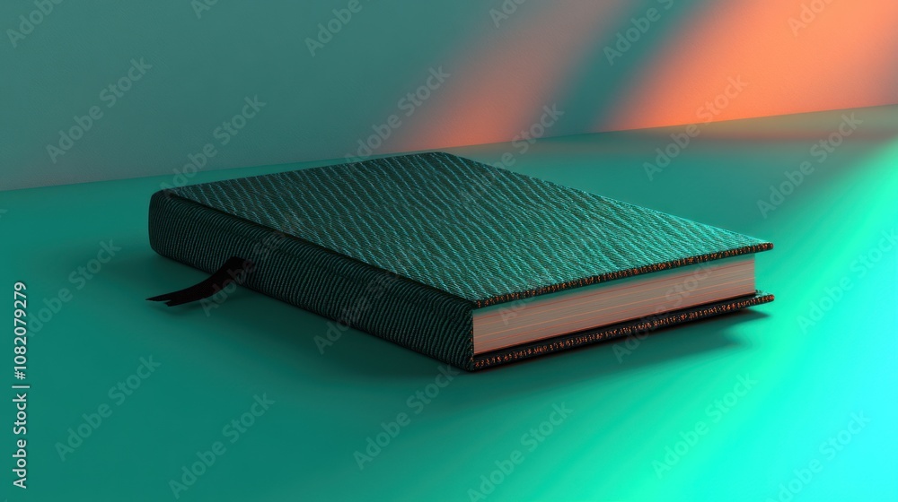 Poster a textured notebook resting on a surface with dramatic lighting.