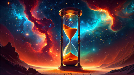 Time, Sand, and Cosmos: An Hourglass in a Desert Landscape under a Bright Galactic Sky, Symbolizing Eternity, Mystical Depth, and the Magic of the Universe Intertwined with the Concept of Infinity 