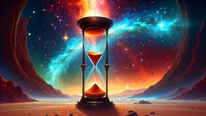 Time, Sand, and Cosmos: An Hourglass in a Desert Landscape under a Bright Galactic Sky, Symbolizing Eternity, Mystical Depth, and the Magic of the Universe Intertwined with the Concept of Infinity 