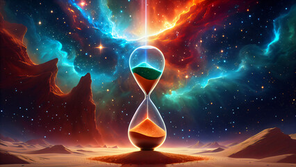 Time, Sand, and Cosmos: An Hourglass in a Desert Landscape under a Bright Galactic Sky, Symbolizing Eternity, Mystical Depth, and the Magic of the Universe Intertwined with the Concept of Infinity 