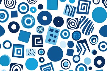 A collection of blue and white circles and squares, abstract design