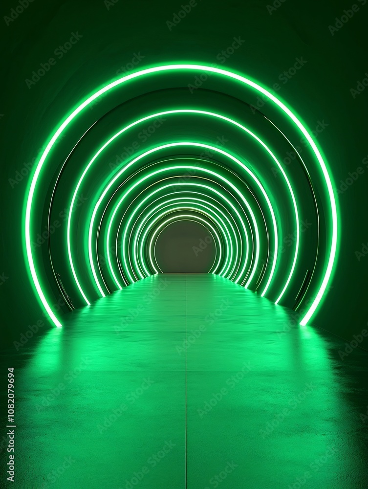 Poster glowing neon green tunnel with illuminated light rings for dynamic product showcases and concepts