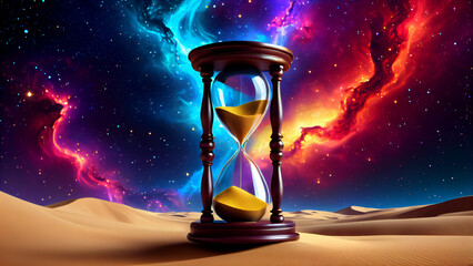 Time, Sand, and Cosmos: An Hourglass in a Desert Landscape under a Bright Galactic Sky, Symbolizing Eternity, Mystical Depth, and the Magic of the Universe Intertwined with the Concept of Infinity 