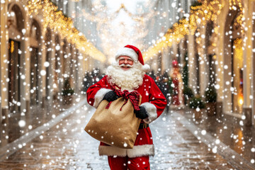 Santa Claus walks down the street with a heavy sack of presents, surrounded by festive lights and decorations.