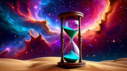 Time, Sand, and Cosmos: An Hourglass in a Desert Landscape under a Bright Galactic Sky, Symbolizing Eternity, Mystical Depth, and the Magic of the Universe Intertwined with the Concept of Infinity 