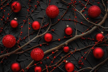 A bunch of red Christmas ornaments on a black background