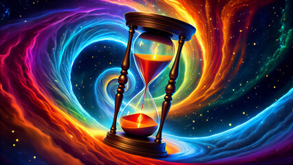 Time, Sand, and Cosmos: An Hourglass in a Desert Landscape under a Bright Galactic Sky, Symbolizing Eternity, Mystical Depth, and the Magic of the Universe Intertwined with the Concept of Infinity 