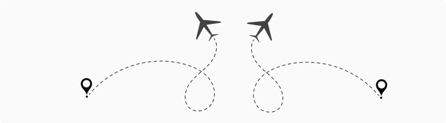 Airplane line path vector icon set of air plane flight route with start point and dash line trace. Plane vector icon and dotted line airplane path 1