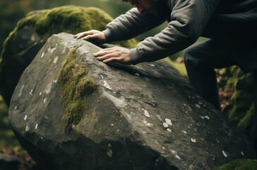 Obraz premium A person attempting to climb or push a large rock in a forested area, showcasing determination and physical challenge.
