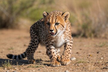 Fototapeta premium Cheetah Cub Engaging Playfully in Natural Habitat with Active Behavior